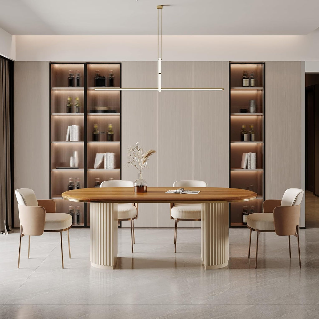 71" Oval Dining Table for 6, Brown Wood Dining Tabletop with White Dual-Pedestal, Mid-Century Modern Dining Room