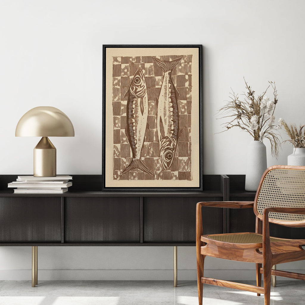 Framed Canvas Print Wall Art Vintage Fish Print Retro Woodcut Style Nautical Modern Art Contemporary Multicolor Ultra