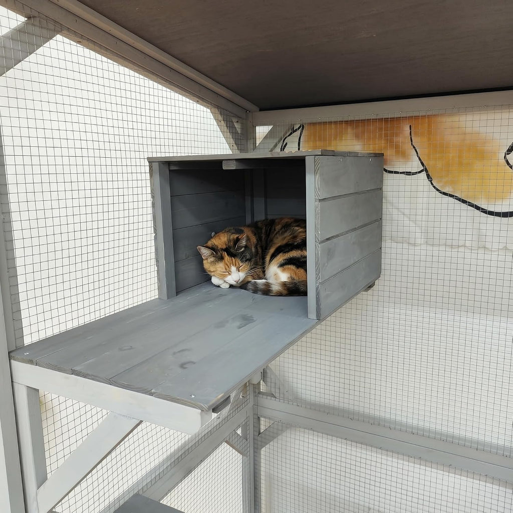 71.2 Inch Tall Wheeled Catio, Outdoor Wooden Cat Enclosure with 4 Doors