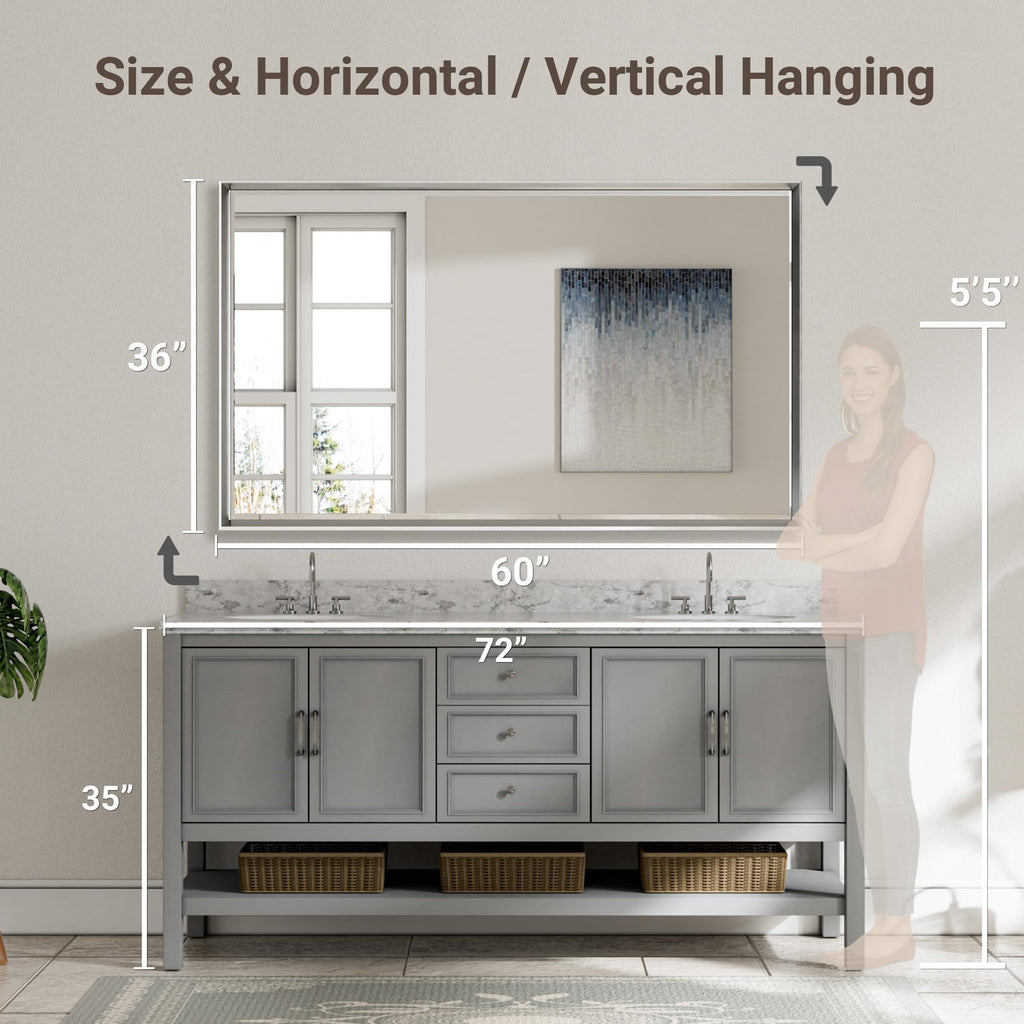 60'' x 36'' Large Beveled Silver Bathroom Vanity Mirror, Shatterproof Rectangle Silver Metal Framed Mirror Wall