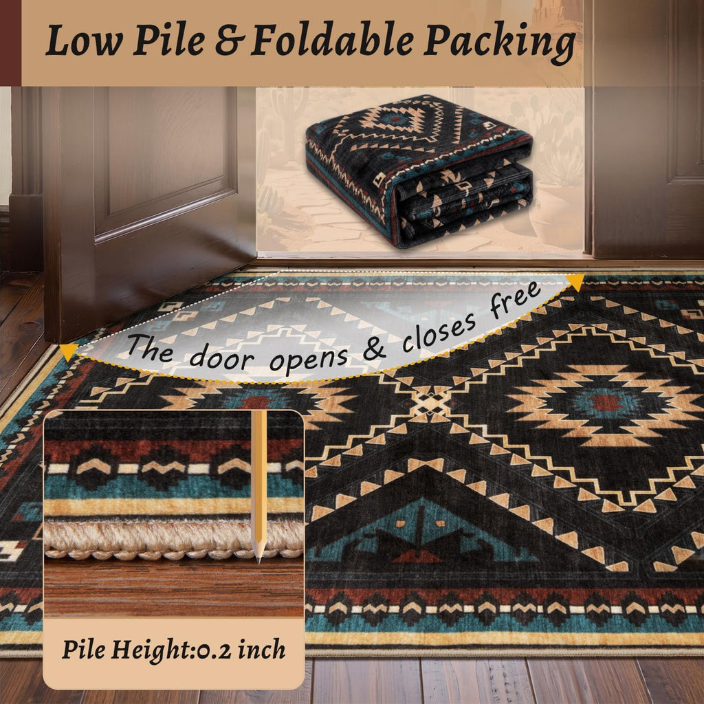 Western Rugs, Machine Washable Soft Non-Slip Aztec Area Rug, Low-Pile Southwest Non-Shedding Foldable Dining