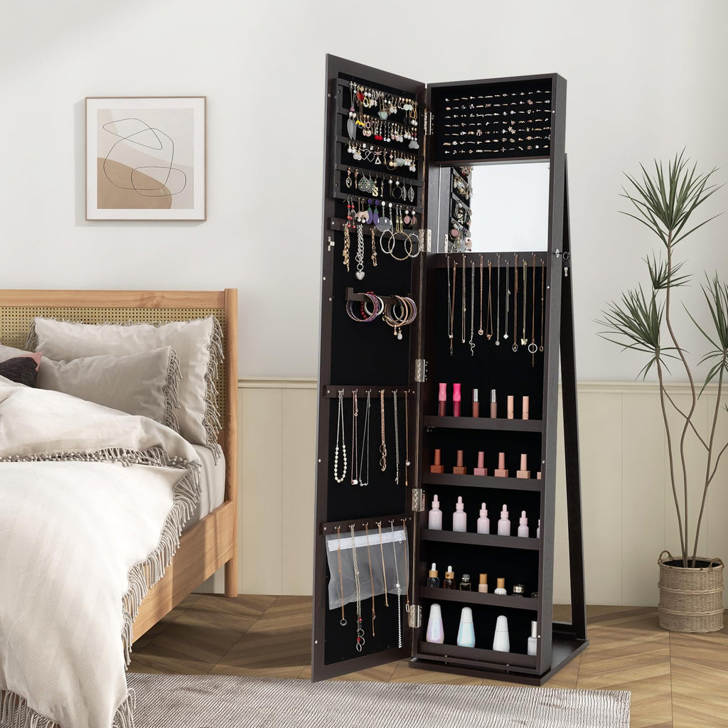 Jewelry Cabinet with Full-length Mirror, Jewelry Storage Organizer with Makeup Mirror, Back Storage Shelf, Lockable