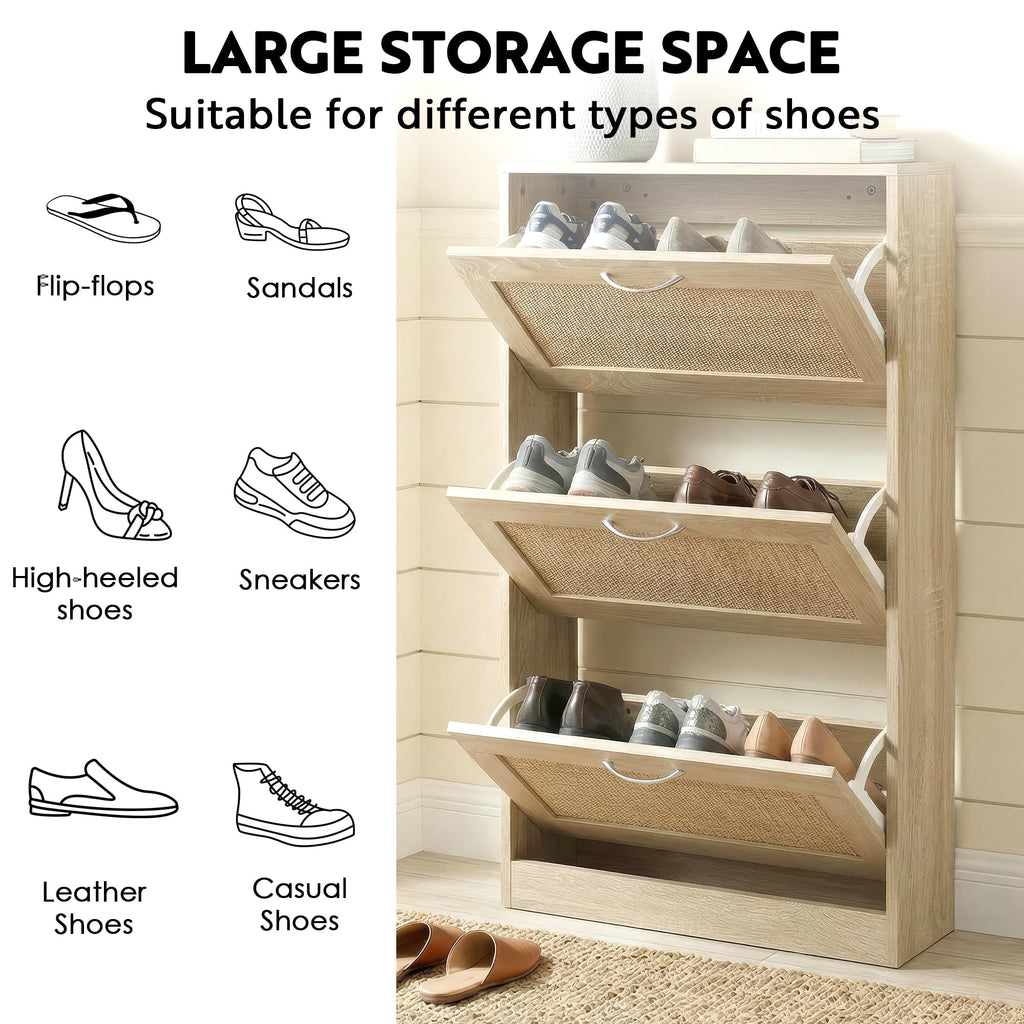 Rattan Shoe Storage Cabinet with 3 Flip Drawers