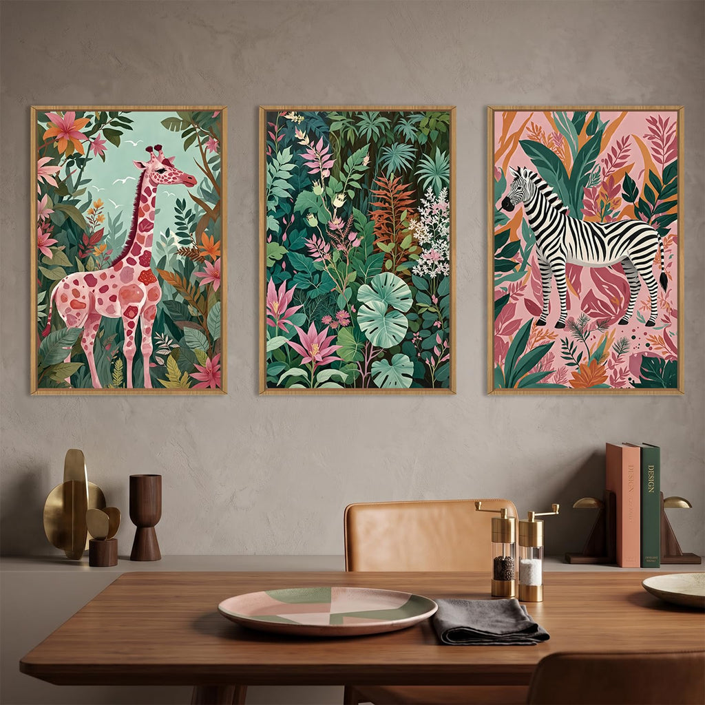 Boho Sage Green Pink Giraffe Zebra Jungle Framed Canvas Wall Art Set, Natural Safari Tropical Wildlife Wall Decor