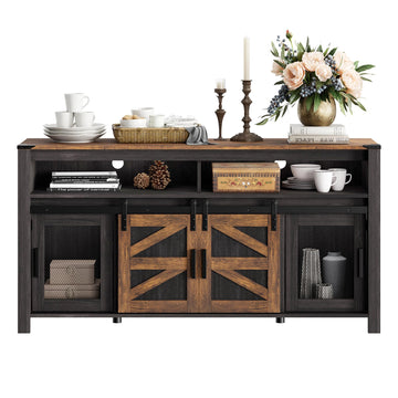 Farmhouse Buffet Cabinet Sliding Barn Doors, Antique Black & Brown