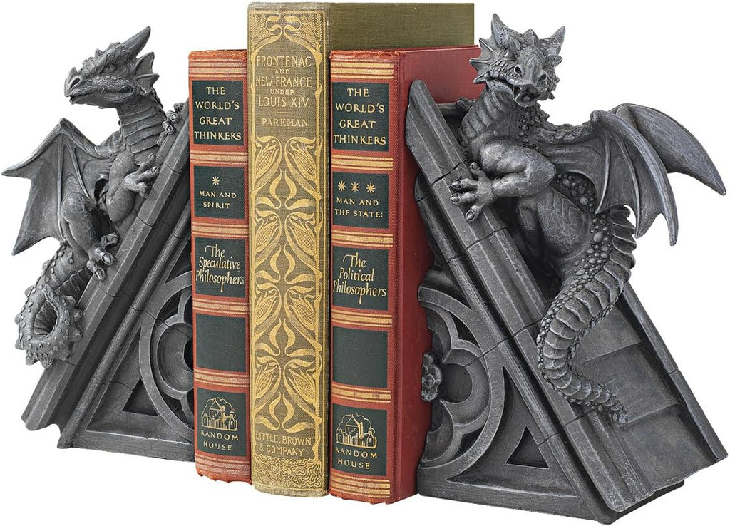 Castle Dragon Gothic Decor Decorative Bookend Statues, 8 Inch, Set of Two, Polyresin, Grey Stone