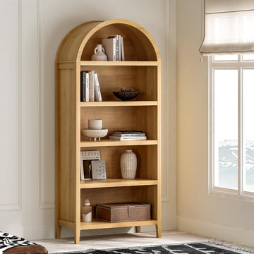 5 Tier Arched Bookshelf, 71" Tall Bookcase with Adjustable Shelves Wood Storage Cabinet Freestanding Display Kitchen