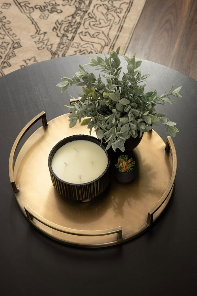Gohana Round Tray with Metal Handles; 16 Inch Diameter; Antique Brass; Modern Glam Serving Tray with Handles for Use
