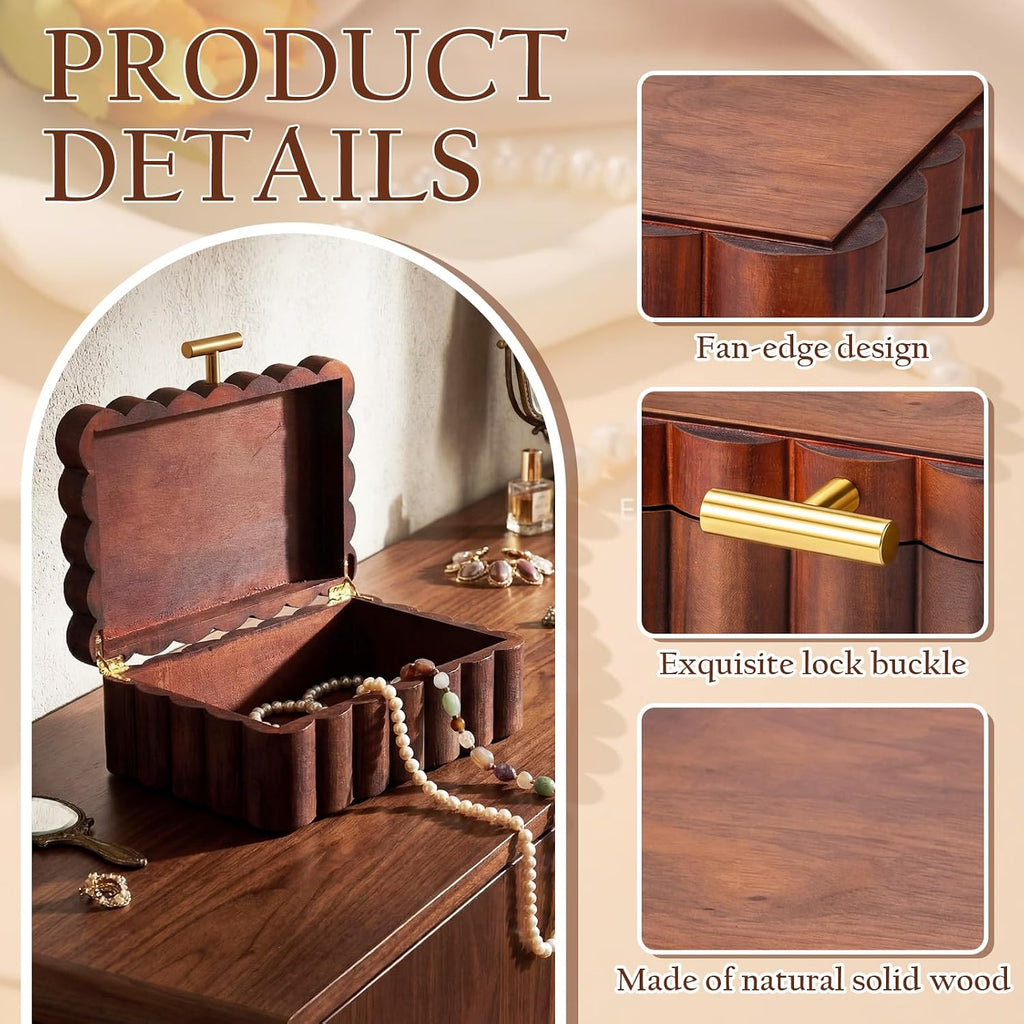 Scalloped Wooden Jewelry Box Trinket Organizer with Lid 7.25 x 10 x 3.88 Inches Fan Shaped Decorative Storage Box