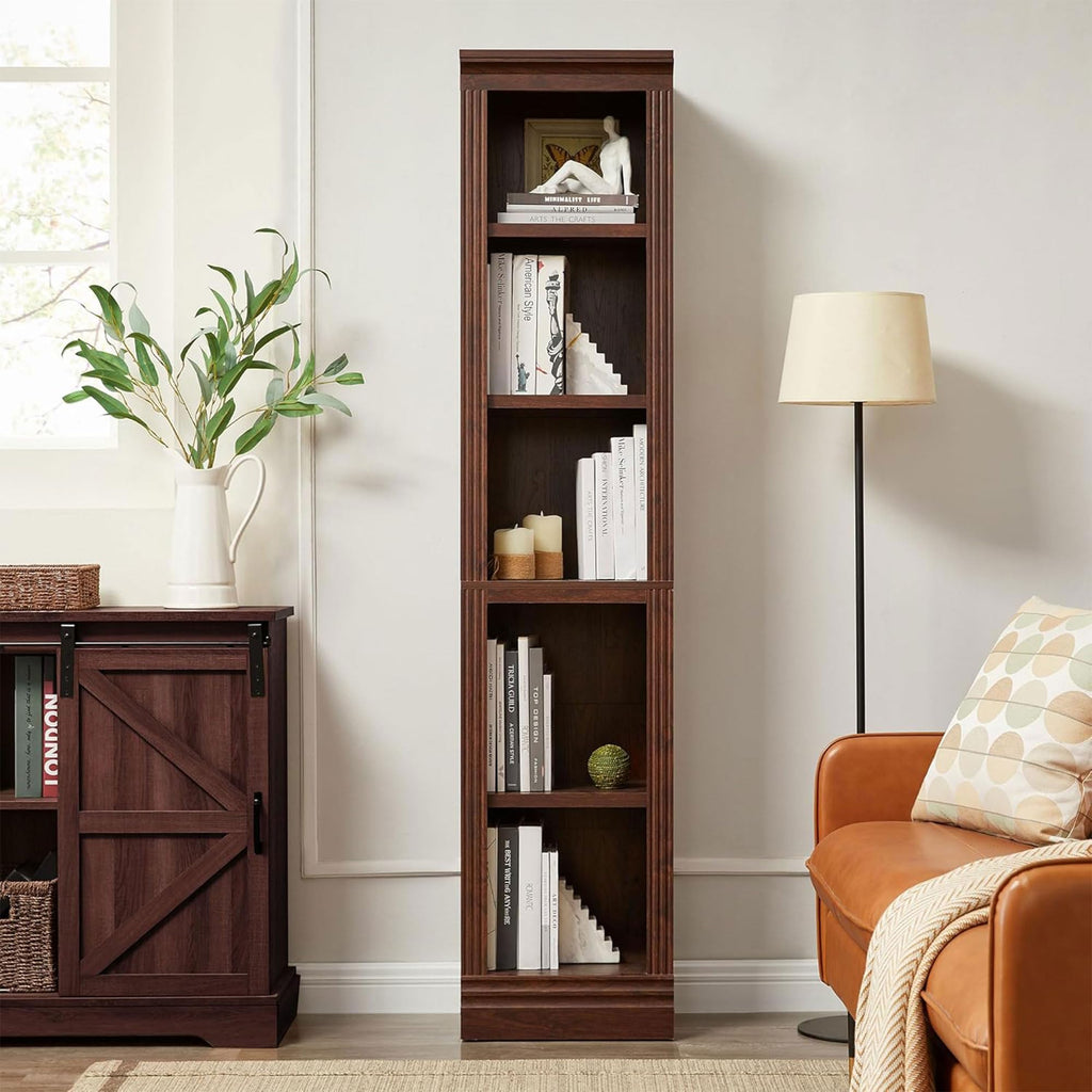 5-Tier Narrow Bookshelf, Adjustable Shelving Unit, Dark Cherry