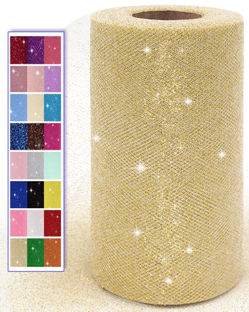 Glitter Gold Tulle Fabric Rolls, 6 Inch x 50 Yards, Sequin Mesh, White/Gold