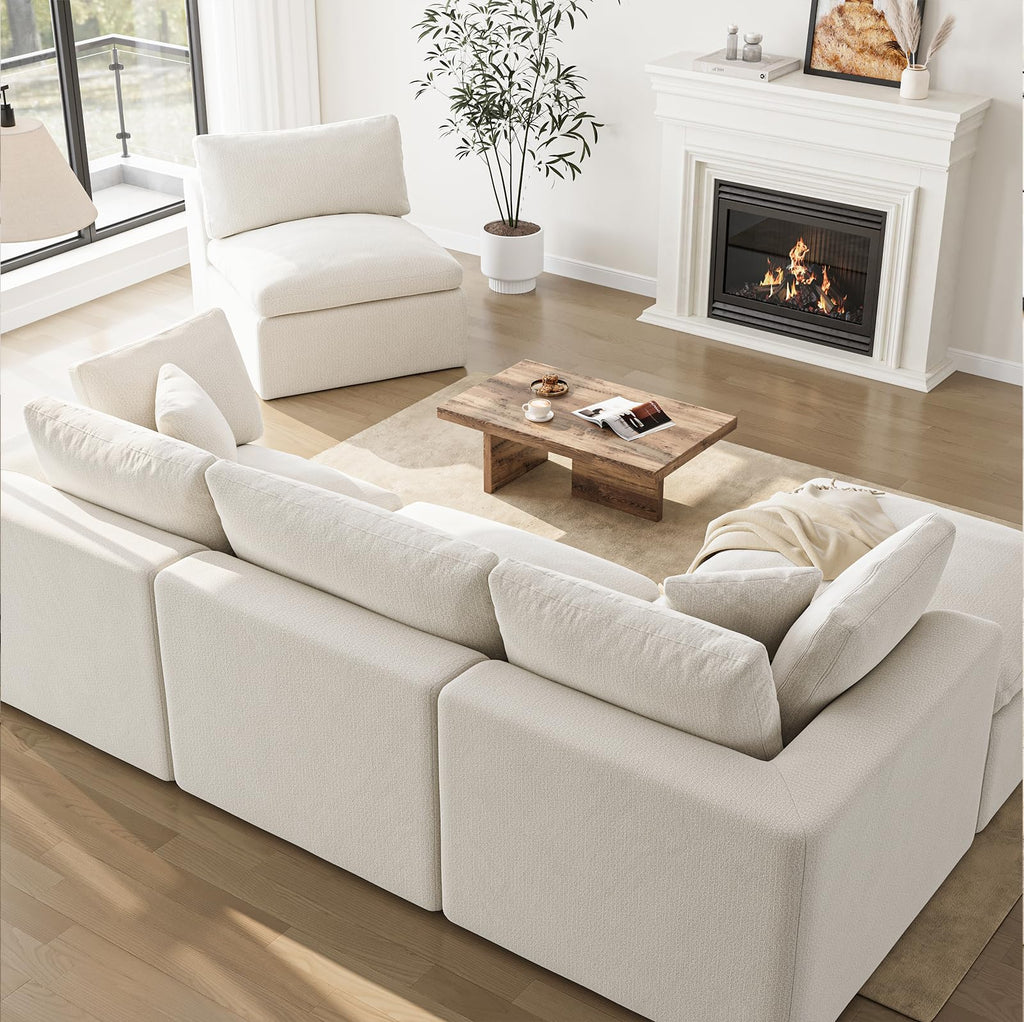 Cloud Sectional Couches | 108 Inch L-Shaped Boneless Couch with Ottoman | Modular Sectionals Sofa Couch Ivory White