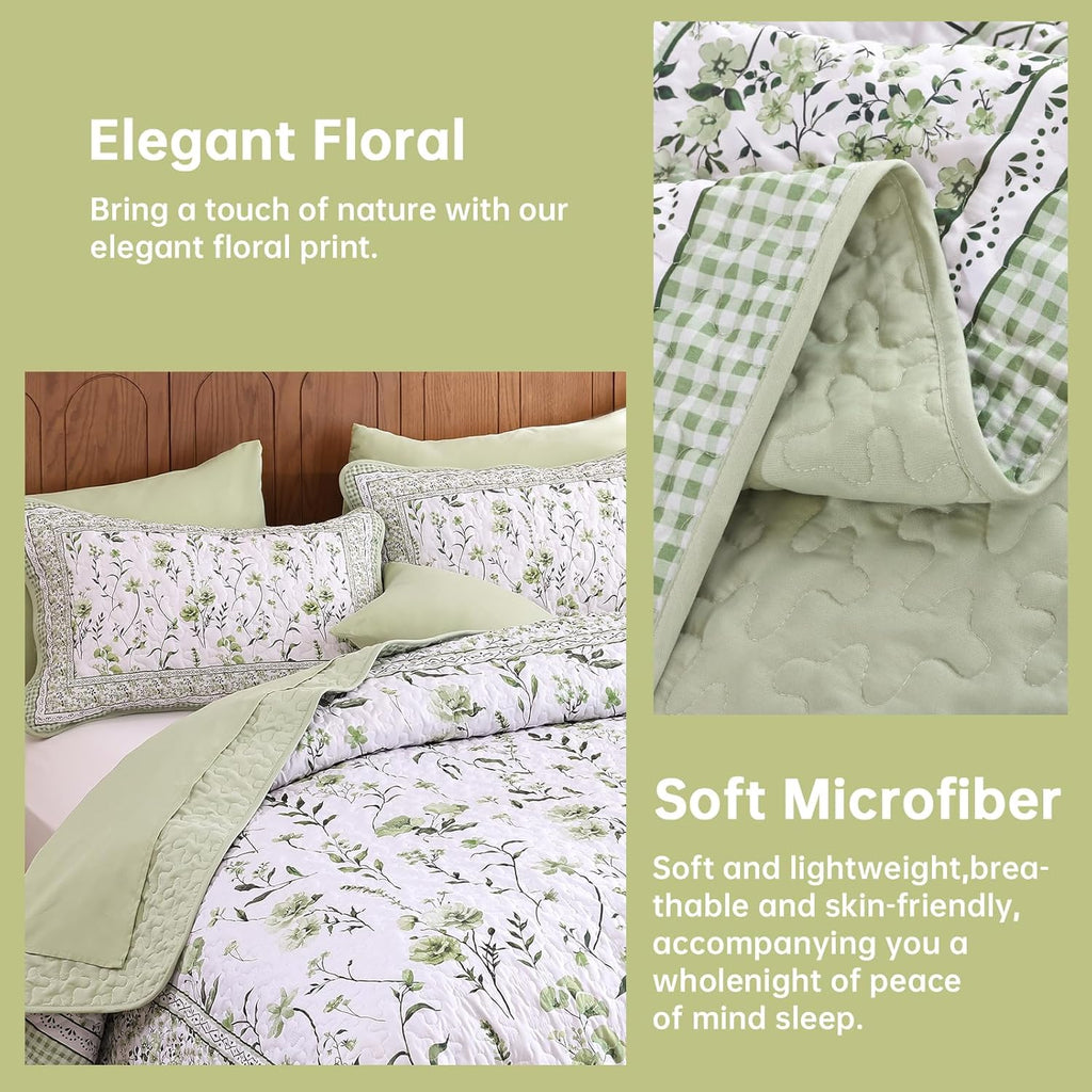 Floral Quilt Set King,Sage Green Bedspread Set with 2 Pillowcases, Microfiber Lightweight Flowers Botanical Coverlet
