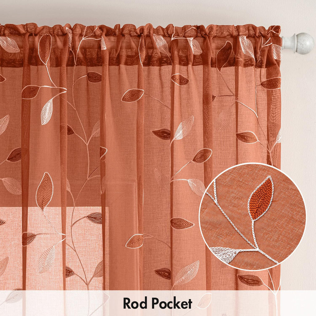 Burnt Orange Sheer Fall Curtains 2 Panels Leaf Patterned, W52 x L45
