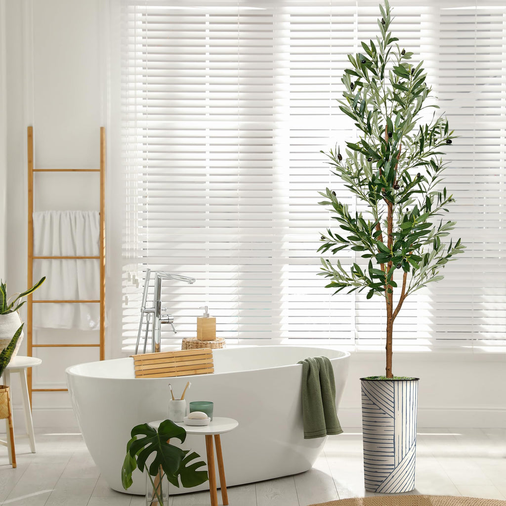 Artificial Tree in Geometric Pattern Planter, Fake Olive Silk Tree for Indoor and Outdoor Home Decoration - 68"