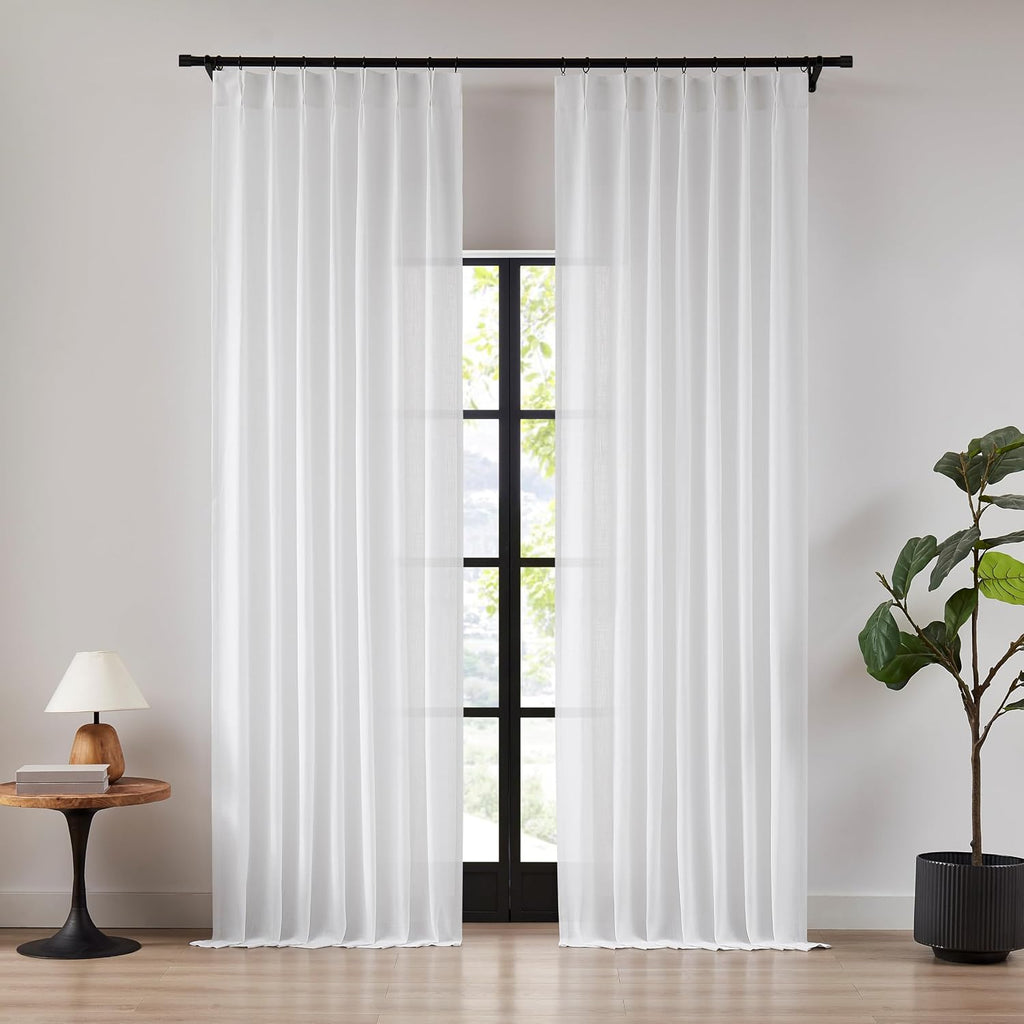 120 Inches White Pinch Pleated Semi Sheer Curtains Linen Blend Light Filtering Window Curtain for Living Room Bedroom