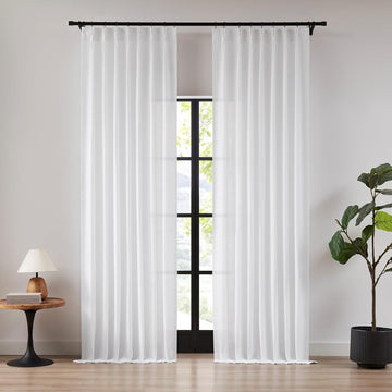 120 Inches White Pinch Pleated Semi Sheer Curtains Linen Blend Light Filtering Window Curtain for Living Room Bedroom