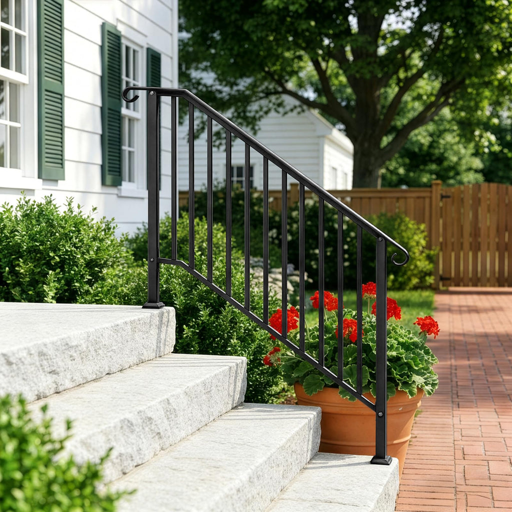 Handrails for Outdoor Steps, Black Wrought Iron Handrail Fits 4 or 5 Steps, Transitional Handrail with Installation