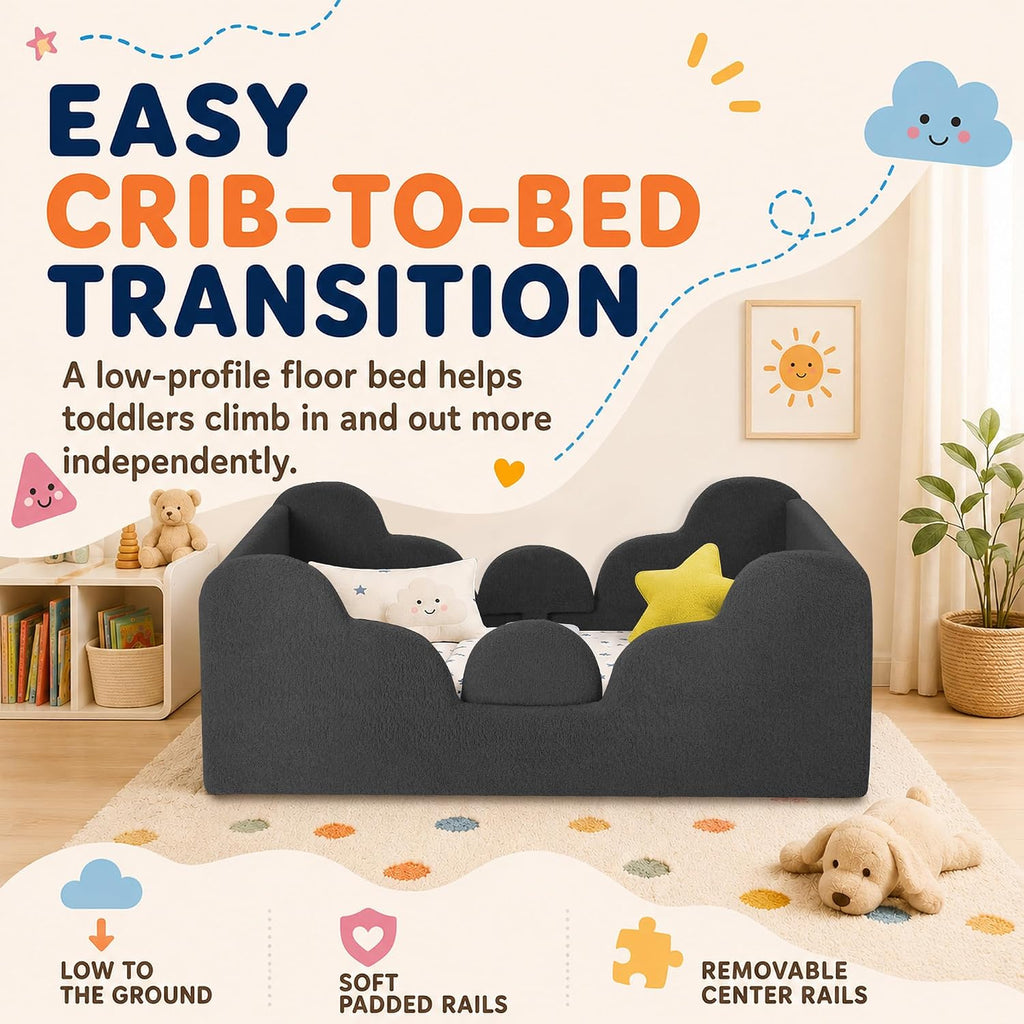Toddler Floor Bed, Soft Montessori Bed with Removable Rails