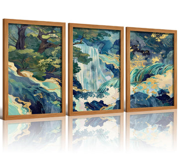 Japanese Waterfall Landscape Wall Art, 3-Piece Wooden Framed Asian Canvas Painting, Teal Gold Nature Zen Wall Decor