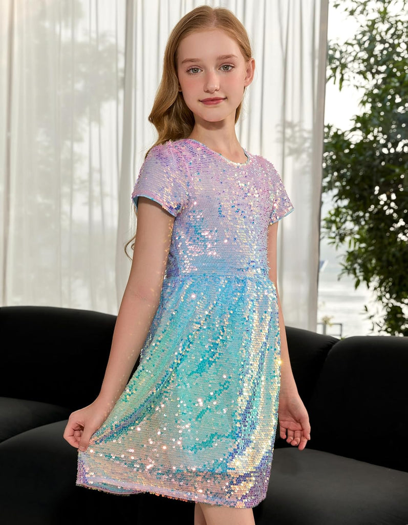 Sequin Dress Short Sleeve Formal School Dresses