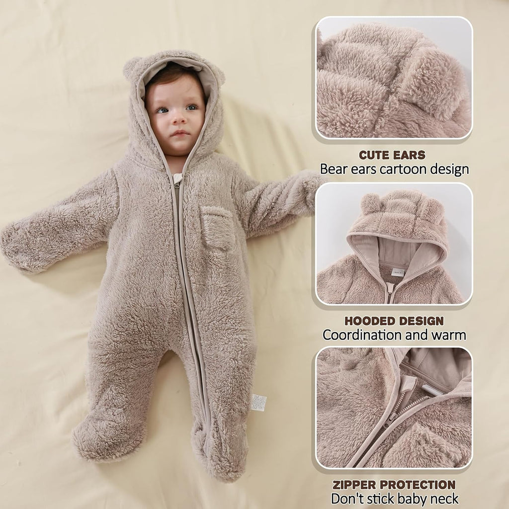 Baby Bear Outfit With Fold-Over Mittens and Footies Girls Boys Winter Fleece Clothes Hooded Romper Snowsuit