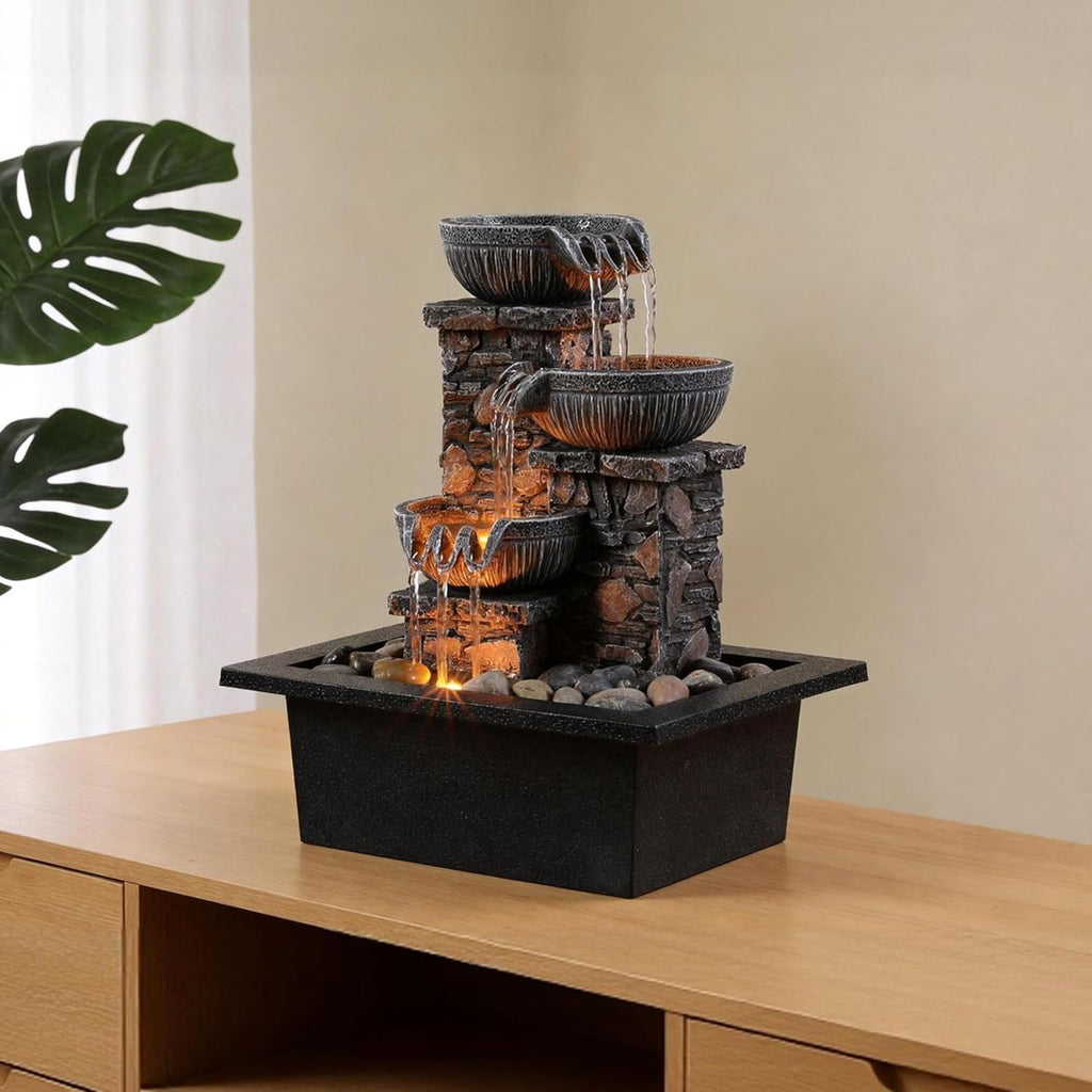 Tabletop Fountain 3 Bowls with LED Light Soothing Water Flowing Sound Fountain Zen/Meditation Decor Home Décor
