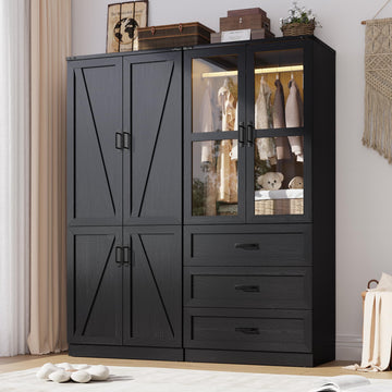 75" Tall Farmhouse 4 Doors Armoire Wardrobe Closet with 3 Drawers and LED, Freestanding Closet Wardrobe Cabinet with