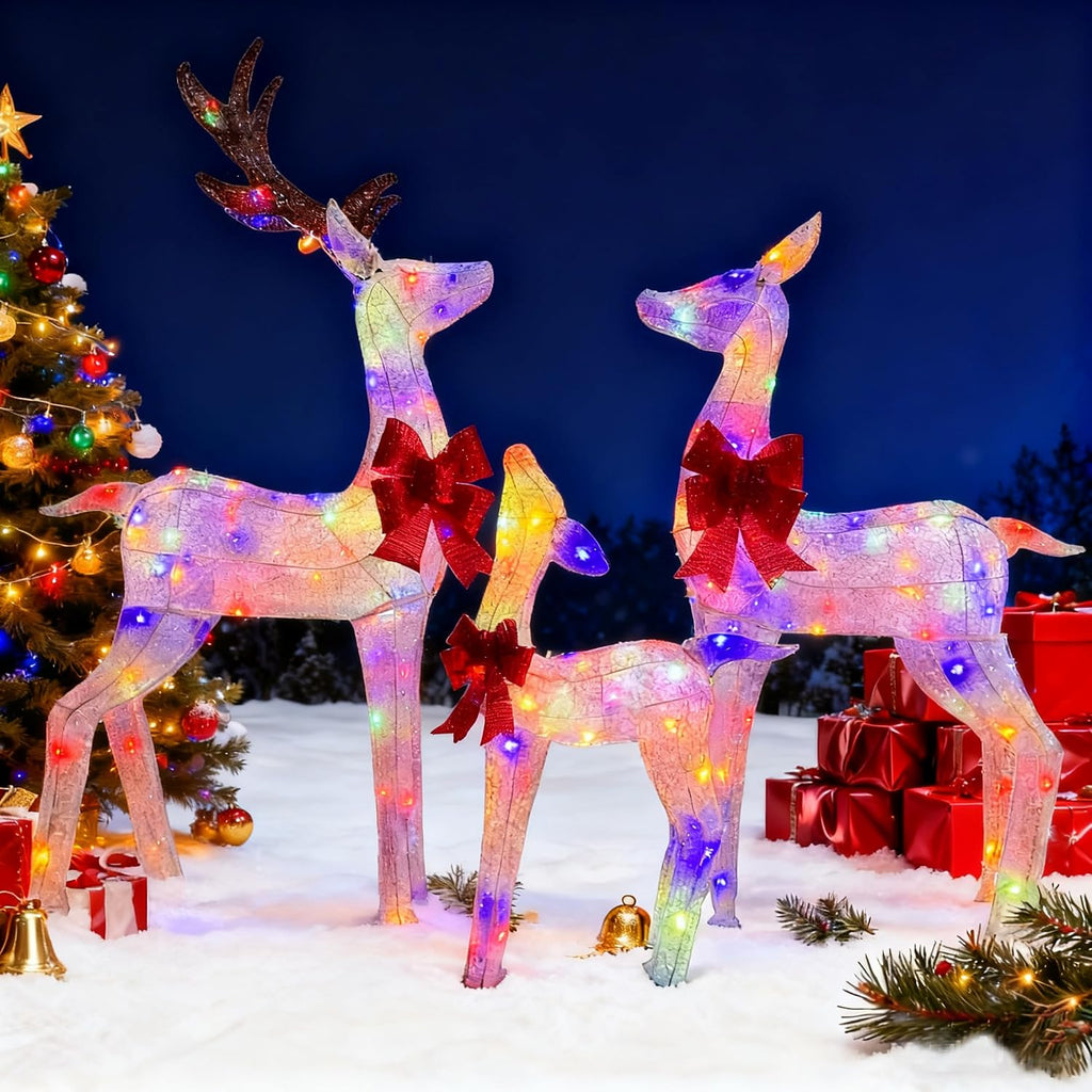 3-Piece Pre-Lit 3D Reindeer Family Decor, Outdoor Christmas Deer Set with Cool White & Colorful LED Lights,Waterproof