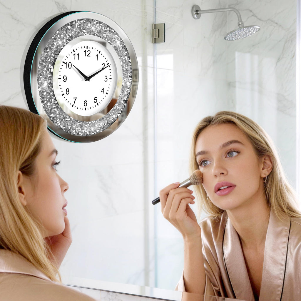 Crystal Crushed Diamond Mirrored Wall Clock Silent Clock for Wall Décor