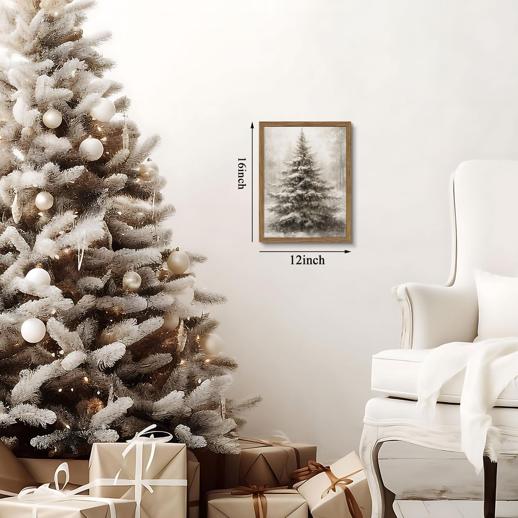 Framed Vintage Christmas Tree Wall Art, Rustic Farmhouse Pine Tree Canvas Wall Decor Paintings, Winter Snowy