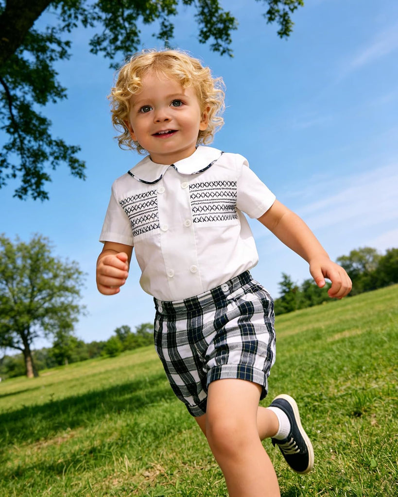 Smocked toddler boy outfits Summer Cotton Short Sleeve boys' button-down shirts Casual 2 piece Clothing Set