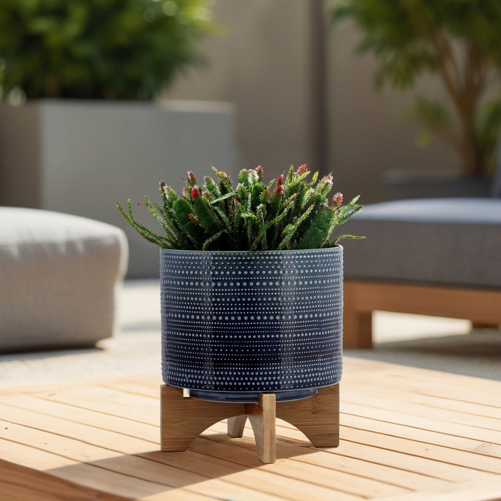 Dotted Decorative Planter Pot with Wood Stand - Ceramic Stoneware Outdoor & Indoor Plant Pot with Drainage Holes