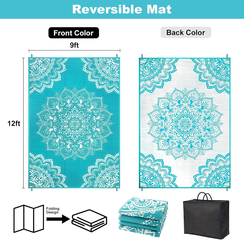 Waterproof Outdoor Rug 9x12 ft, Reversible Plastic Straw Rug for Patio Clearance, Camping, RV Mat, L