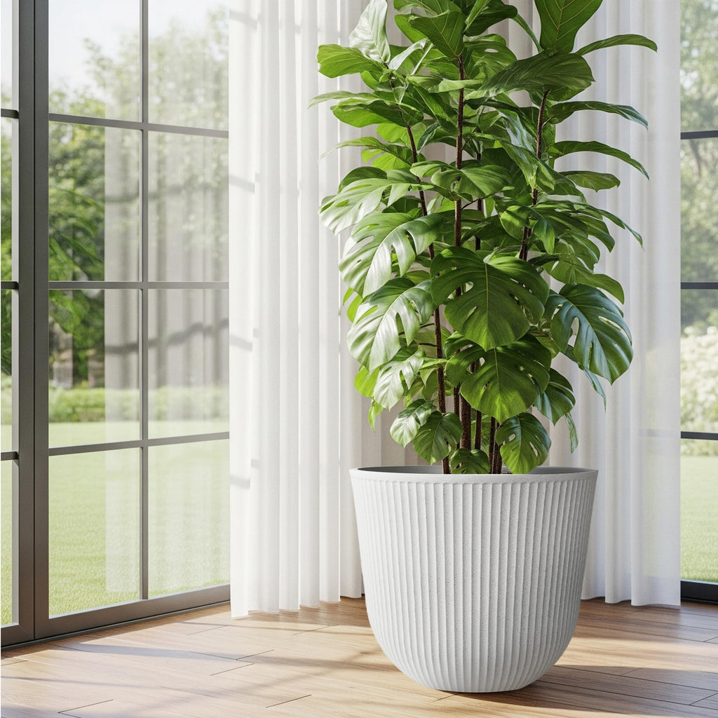 Plastic Round Large Planters, Set of 2 White Plant Pots