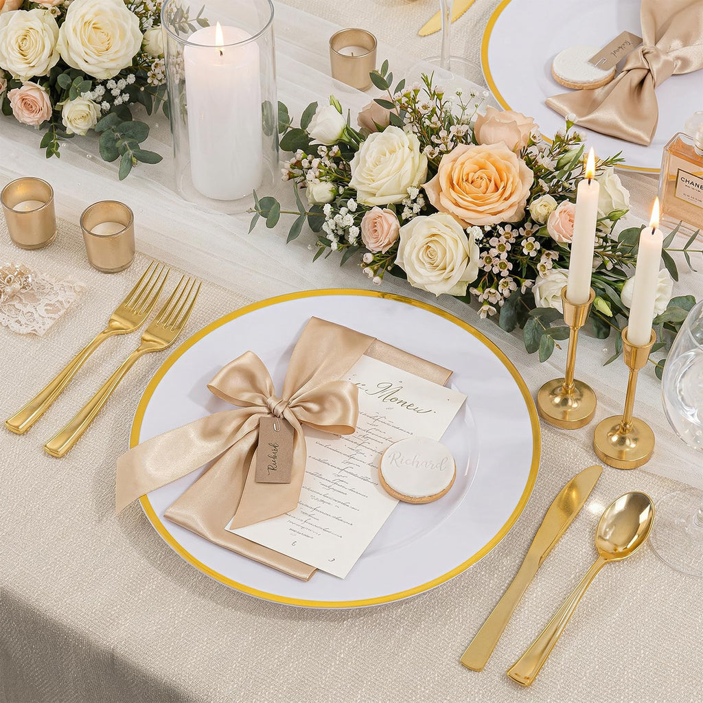 25Pack White and Gold Charger Plates Plastic for Wedding