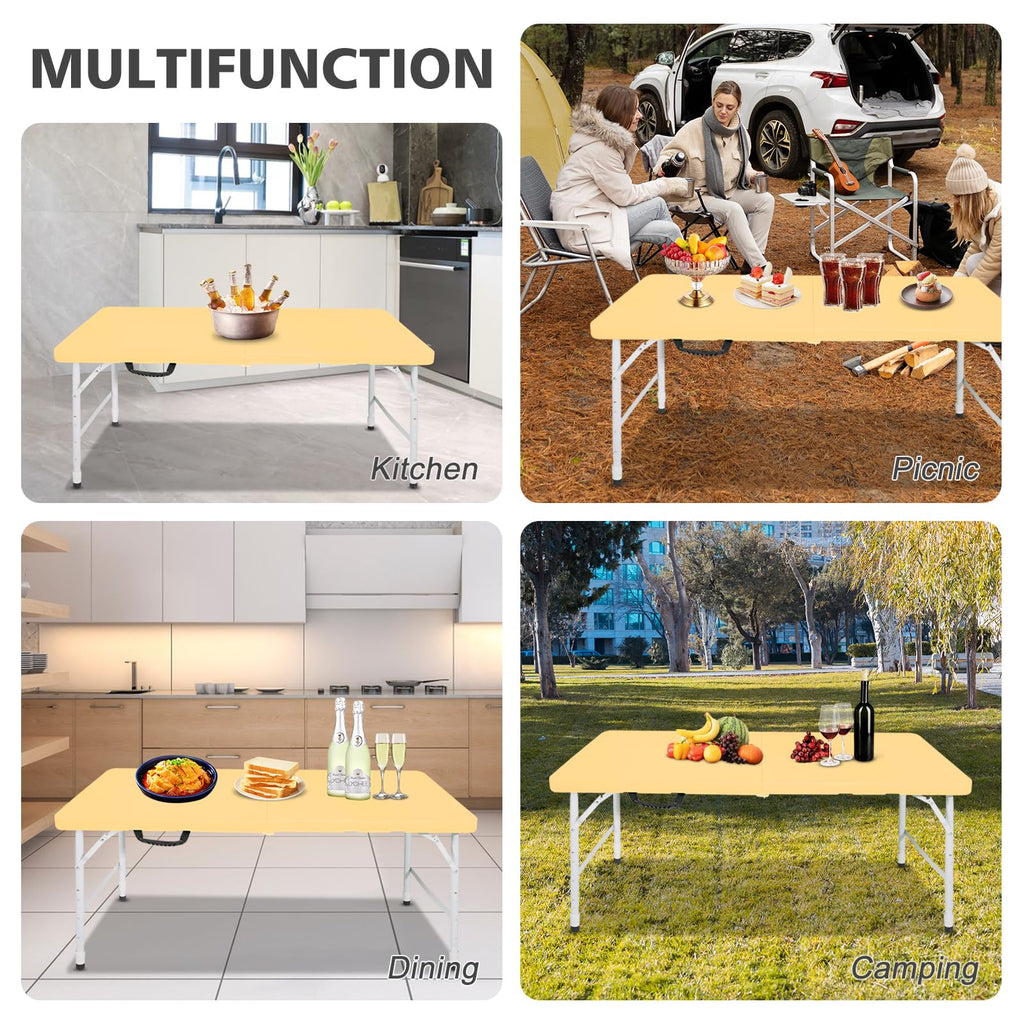 Portable 4Ft Folding Table, Heavy Duty Plastic Fold-in-Half Utility Foldable Table, Adjustable Height Plastic Folding