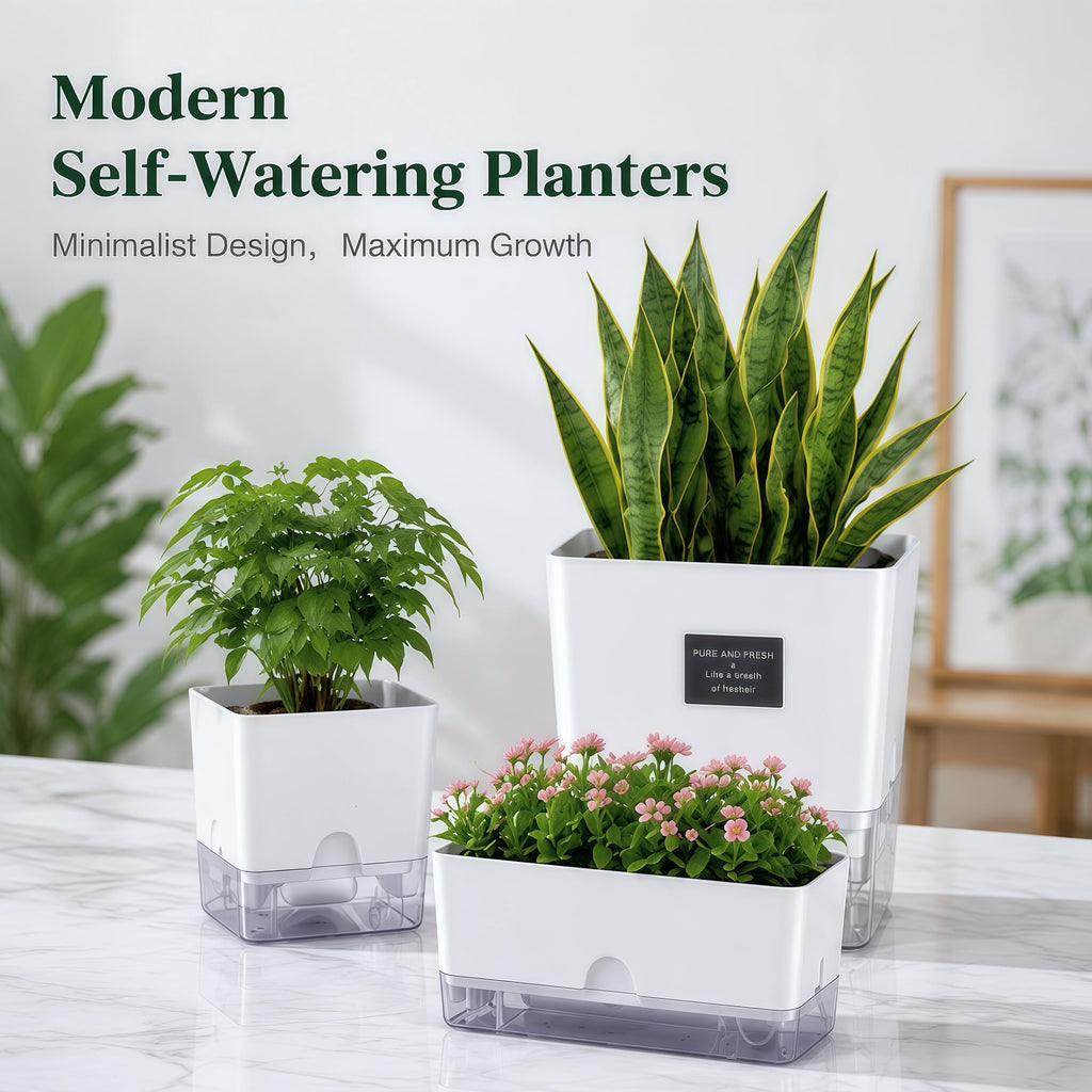Self Watering Pots for Indoor Plants 4 Pack White Self Watering Planters with Water Reservoir and Cotton Wick System