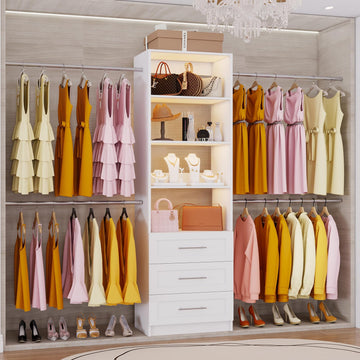 Closet System with Drawers, 4FT-9FT Modular Closet Organizer System with 4 Expandable Hanging Rods Adjustable Wooden
