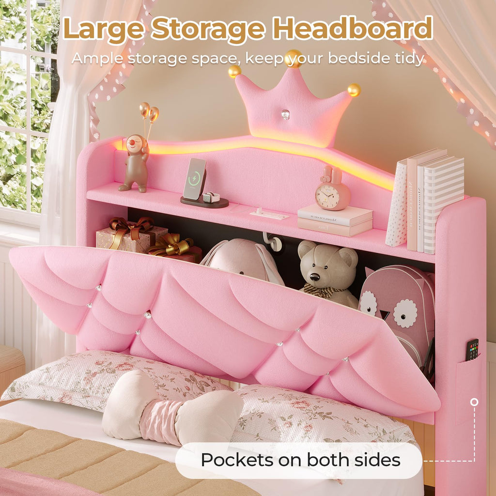 Twin LED Bed Frame with Storage Headboard & Drawer, Princess Upholstered Bed with Charging Station & Crystal Button &