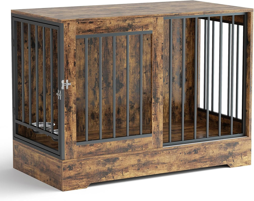 Dog Crate Furniture with Sliding Door: Heavy Duty Dog Kennel with Dog Bowls, Wooden Dog Cage Indoor, Decorative Side