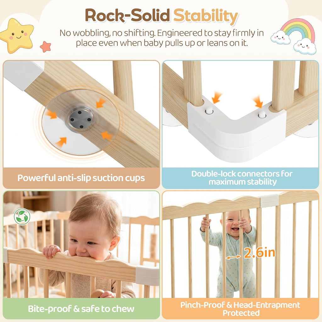 Wooden Baby Playpen, 48"x48"x24" Foldable Play Yard with Built-in Toys, 8 Panel Baby Fence Lockable Door, for Babies