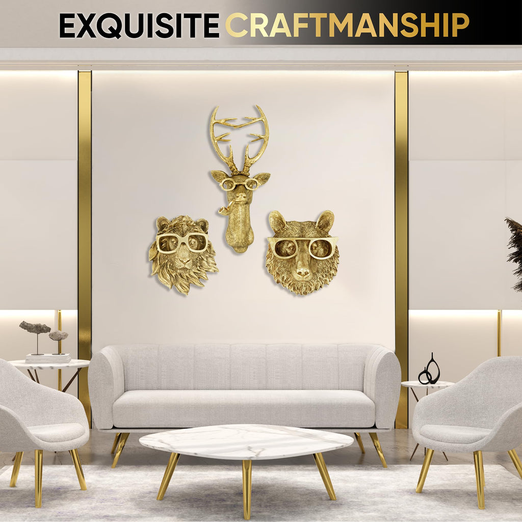 Gold 3pcs Animal Heads Wall Decor - Victorian-Style Lion Head, Bear Head, and Deer Head Wall Mount Decor, Adorned