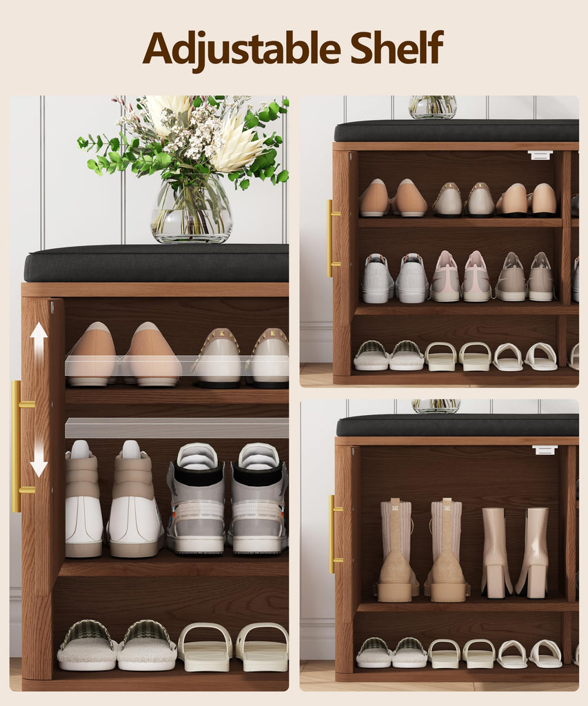 Fluted Shoe Storage Bench, Entryway Bench with Adjustable Shelves