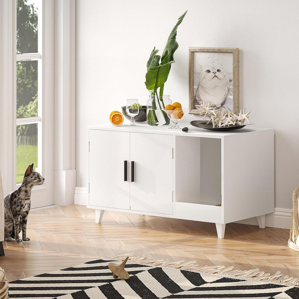 Cat Litter Box Enclosure, 33.5" Wood Hidden Litter Cat House with Scratching Mat, Double Cabinet Doors, White