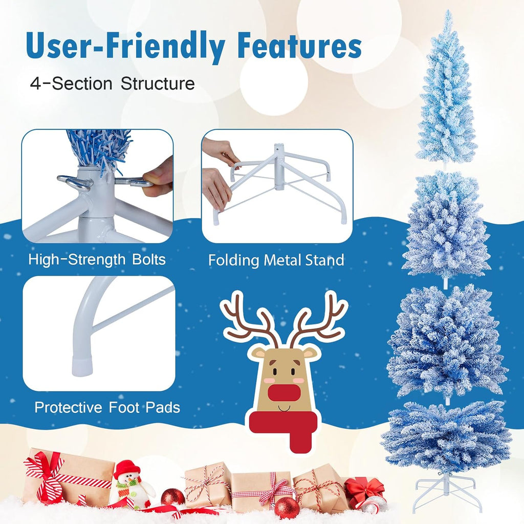 7 FT Pre-lit Flocked Pencil Christmas Tree Blue Slim Artificial Xmas Tree with 588 Branch Tips, 290 Warm White LED