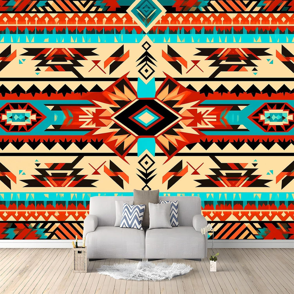 78" W x 55" H Non-Woven Mural Tribal Theme Traditional Geometric Theme Wallpaper Removable Not Self-Adhesive Large