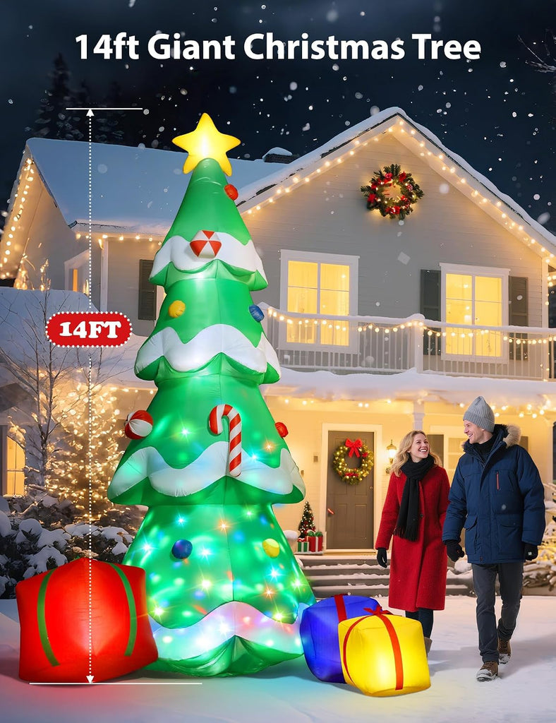 14FT Christmas Tree Inflatables Outdoor Decoration, Giant Inflatable Christmas Tree with 3 Gift Boxes, Lighted