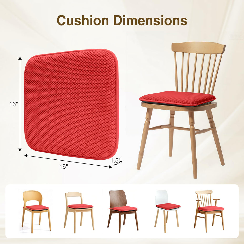Chair Cushions for Dining Chairs, Set of 4 Memory Foam Seat Cushions with Non-Slip Backing & Ties, 16" x 16" x 1.5"
