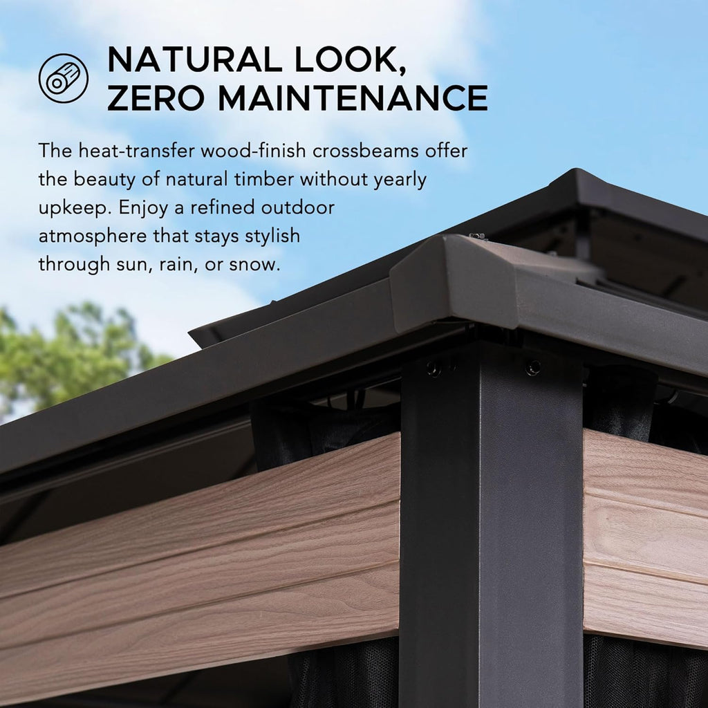 10x12 Hardtop Gazebo with Heavy-Duty Galvanized Steel Double Roof, Mosquito Netting & Woodgrain Finish Beams